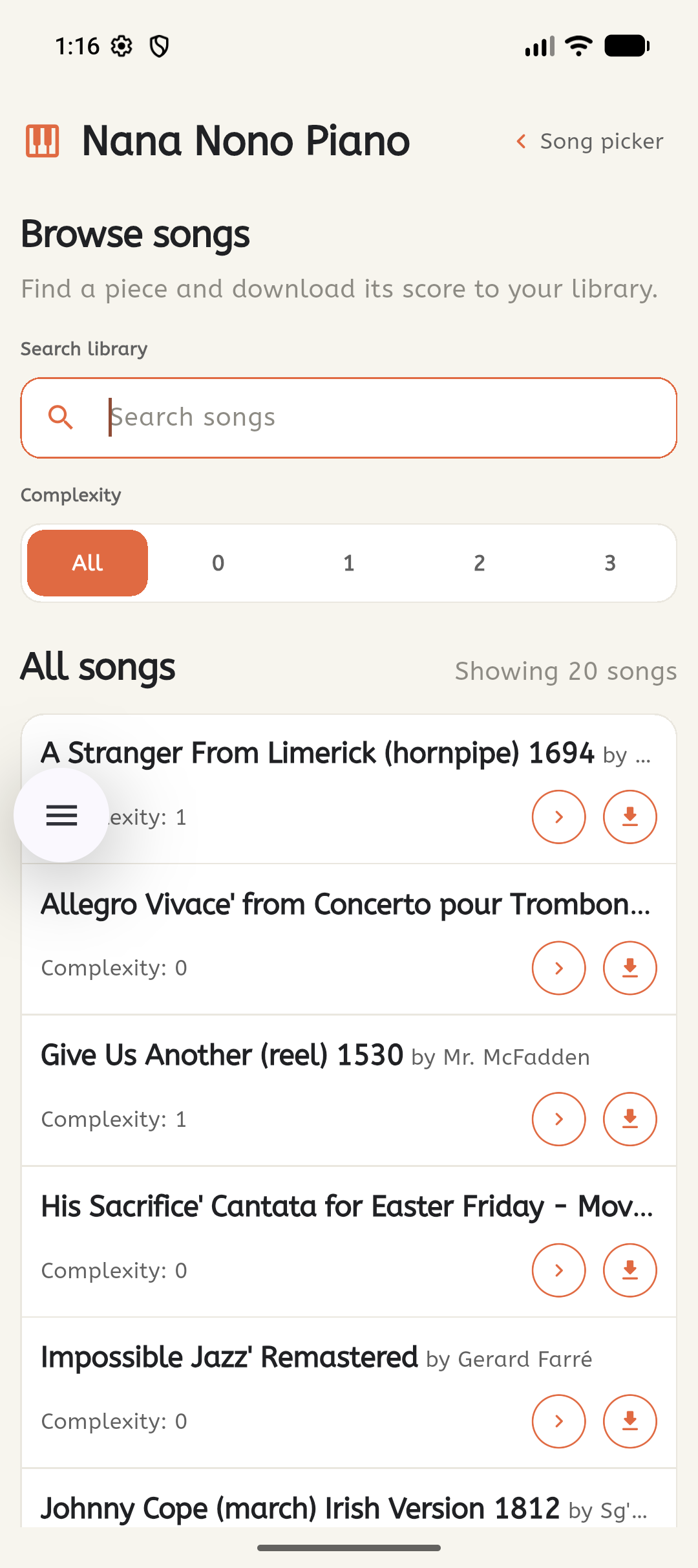 Browse songs screen on a phone